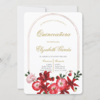 Invitación con flora roja para quinceañera