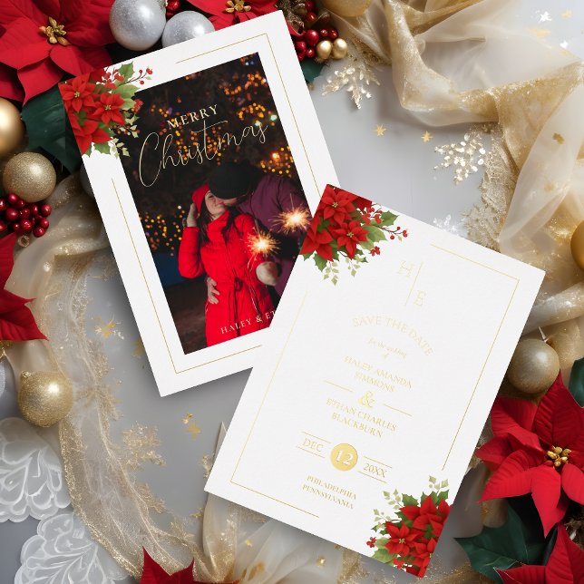 Invitación Con Relieve Metalizado Exquisita Moda I Folieneinladung (Chic Initials Floral Christmas Bouquets Metallic Foil Holidays Card as a Wedding Photo Save the Date)