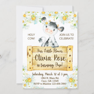 Invitación Cow and daisies girl 1st first birthday Einladung