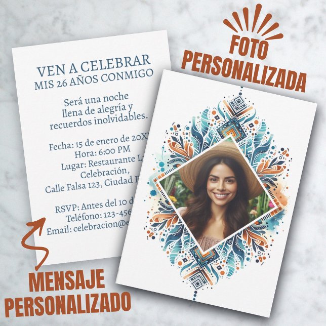 Invitación de 26 Años Boho Foto Personalizada Einladung (Foto Personalizada Invitación de 26 Años Boho Invitation)