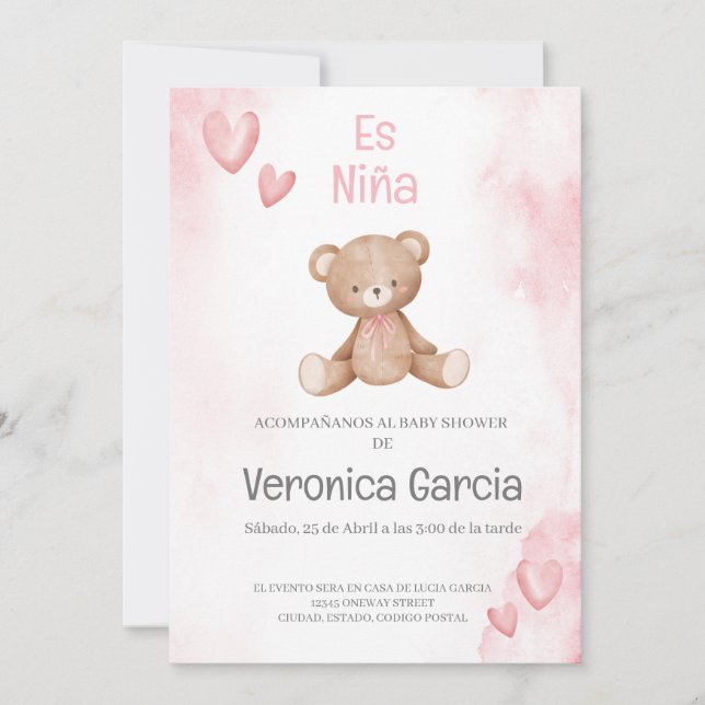 Invitacion de baby dusche para niña tema osito einladung (Vorderseite)