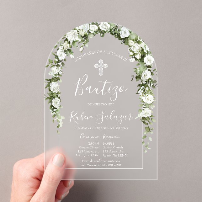 Invitación de bautismo acrílica con flores blancas acryleinladungen (Insitu (Handheld))