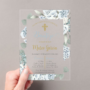 Invitación de bautismo floral azul en español acryleinladungen