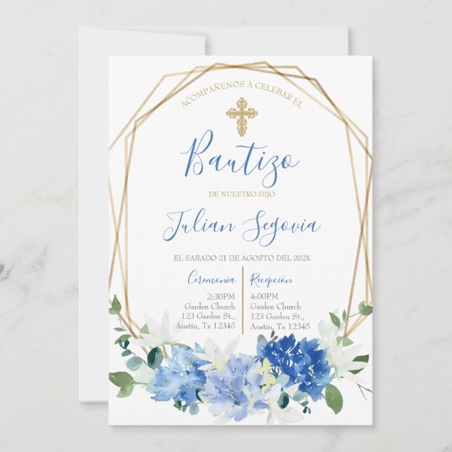 Invitación de bautismo floral azul en español einladung (Vorderseite)