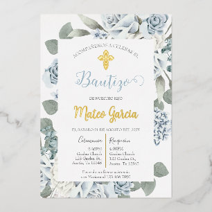 Invitación de bautismo floral azul en español folieneinladung