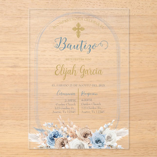 Invitación de bautismo floral azul en español invi acryleinladungen (Vorderseite)