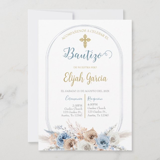 Invitación de bautismo floral azul en español invi einladung (Vorderseite)