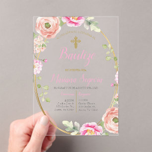 Invitación de bautismo floral rosa en español acryleinladungen