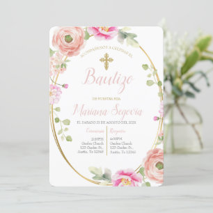 Invitación de bautismo floral rosa en español einladung