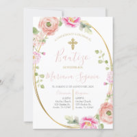 Invitación de bautismo floral rosa en español