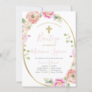 Invitación de bautismo floral rosa en español einladung