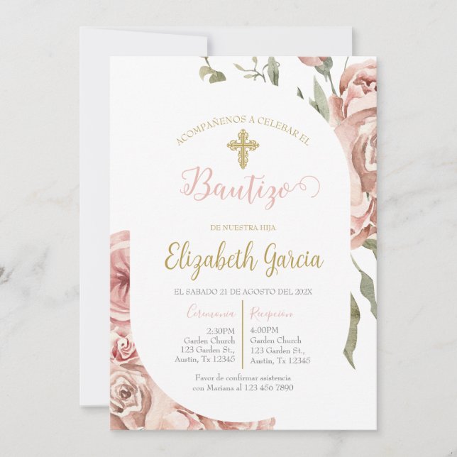 Invitación de bautismo floral rosa en español einladung (Vorderseite)