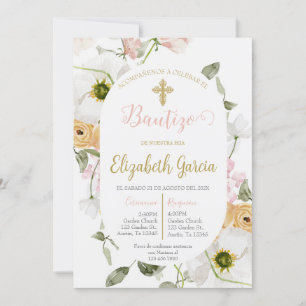 Invitación de bautismo floral rosa en español einladung