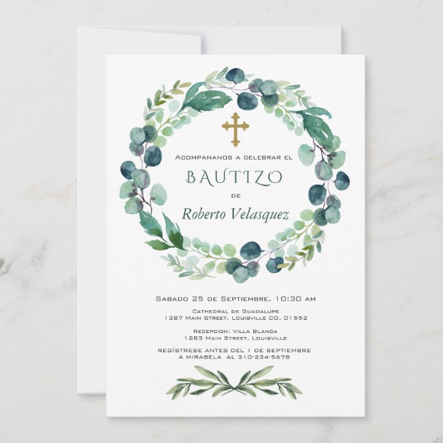 Invitacion De Bautizo Eukalyptus Spanish Invite Einladung (Vorderseite)