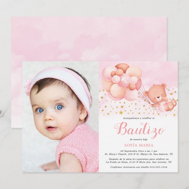 Invitación de Bautizo para Niña con Foto Taufe Einladung (Vorne/Hinten)
