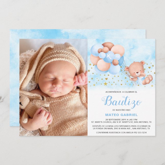 Invitación de Bautizo para Niño con Foto Taufe Einladung (Vorne/Hinten)