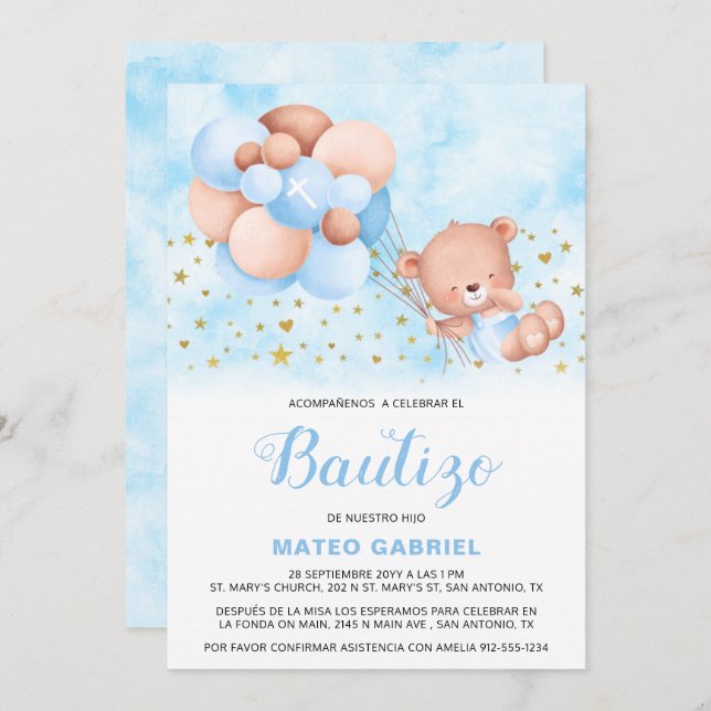 Invitación de Bautizo para Niño con Oso Taufe Einladung (Vorne/Hinten)