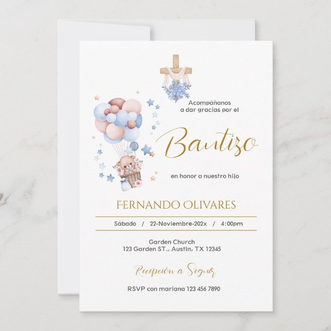 Invitación de Bautizo para niño oso y globos Einladung (Vorderseite)