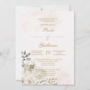 Invitación de boda beige con flor blanca einladung