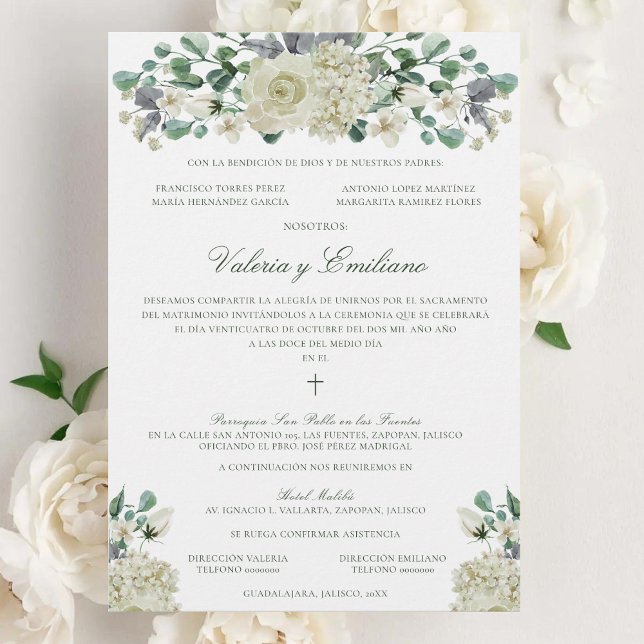 Invitación de Boda Catolica Einladung (Elegant, white flower Catholic wedding invitation in Spanish, done in traditional style)