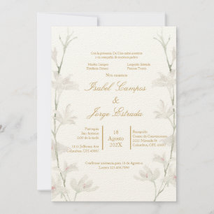 Invitación de boda con flor blanca color beige einladung
