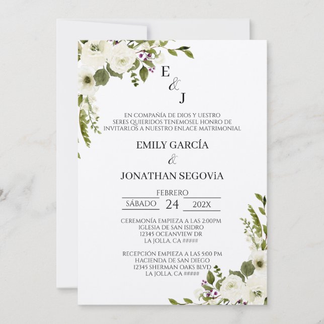 invitación de boda con flores blancas  einladung (Vorderseite)