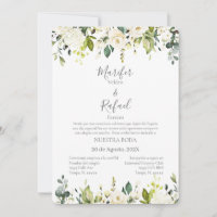 Invitación de boda con hojas verde y rosas blancas