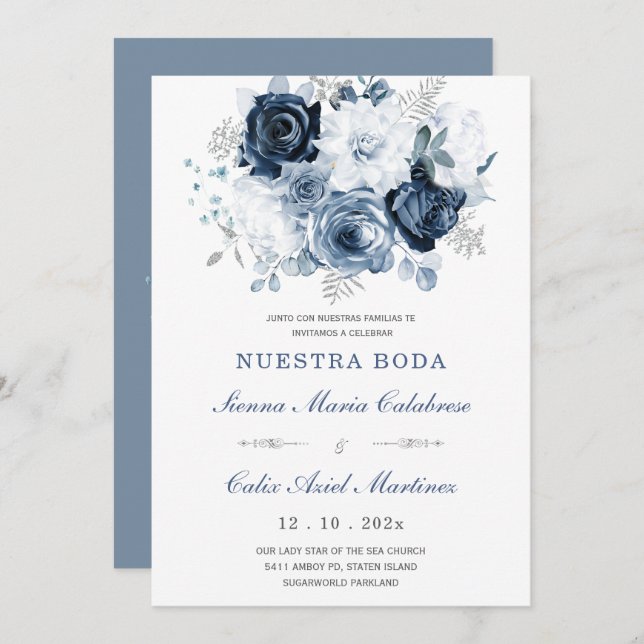Invitación De Boda Elegante Con Rosas Azules Einladung (Vorne/Hinten)