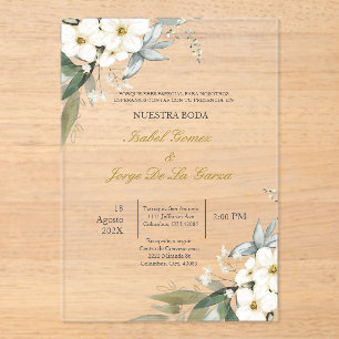 Invitacion de boda en espanol con flor blanca acryleinladungen