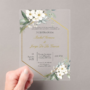 Invitacion de boda en espanol con flor blanca acryleinladungen