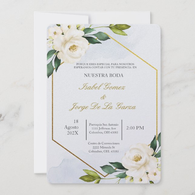 Invitacion de boda en espanol con flor blanca einladung (Vorderseite)