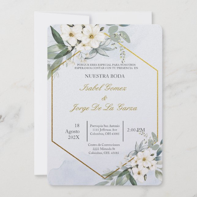 Invitacion de boda en espanol con flor blanca einladung (Vorderseite)
