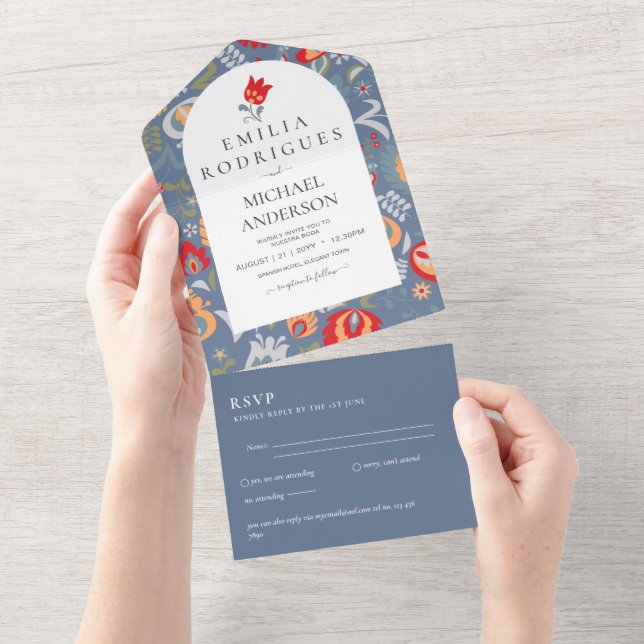 Invitación de Boda Español Inglés UAwg FOLKART All In One Einladung (Abreißen)