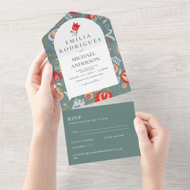 Invitación de Boda Español Inglés UAwg FOLKART All In One Einladung (Abreißen)