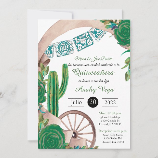 Invitación de Charro Huapango Quinceanera, grün Einladung (Vorderseite)