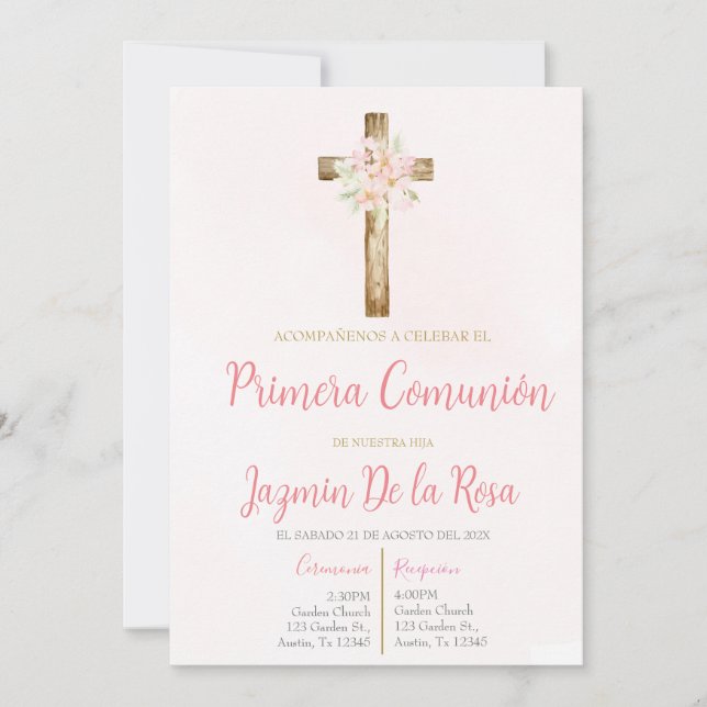 Invitación de primera comunión floral rosa einladung (Vorderseite)