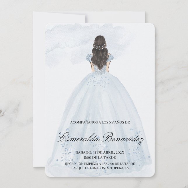 Invitación de quinceañera con vestido azul claro einladung (Vorderseite)