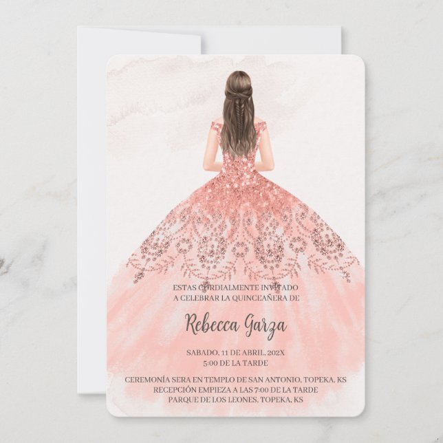 Invitación de quinceañera con vestido color rosa einladung (Vorderseite)