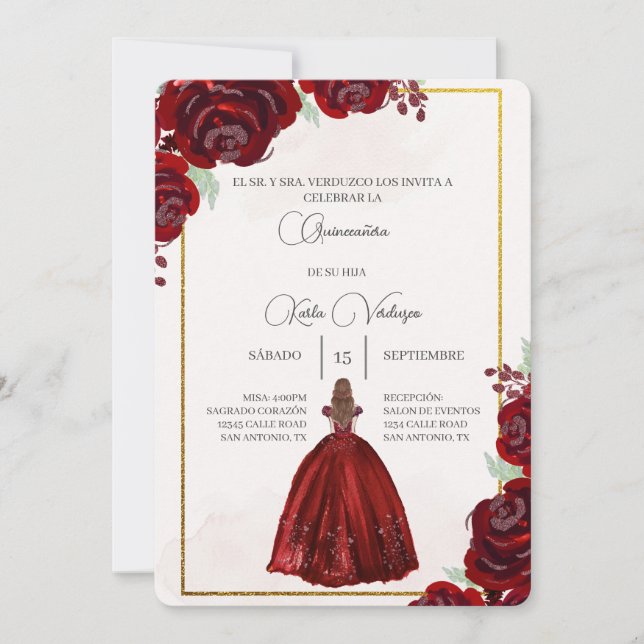 Invitación de quinceañera con vestido rojo einladung (Vorderseite)