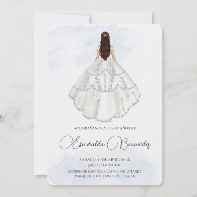 Invitación de quinceñera con vestido blanco einladung (Vorderseite)