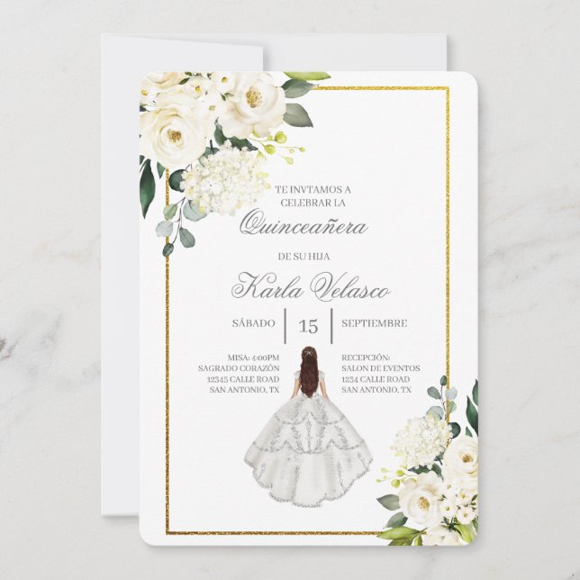 Invitación de quinceñera con vestido blanco einladung (Vorderseite)