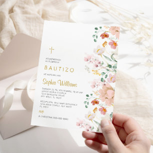 Invitación de Rosa Flores Silvestres para Bautizo Einladung