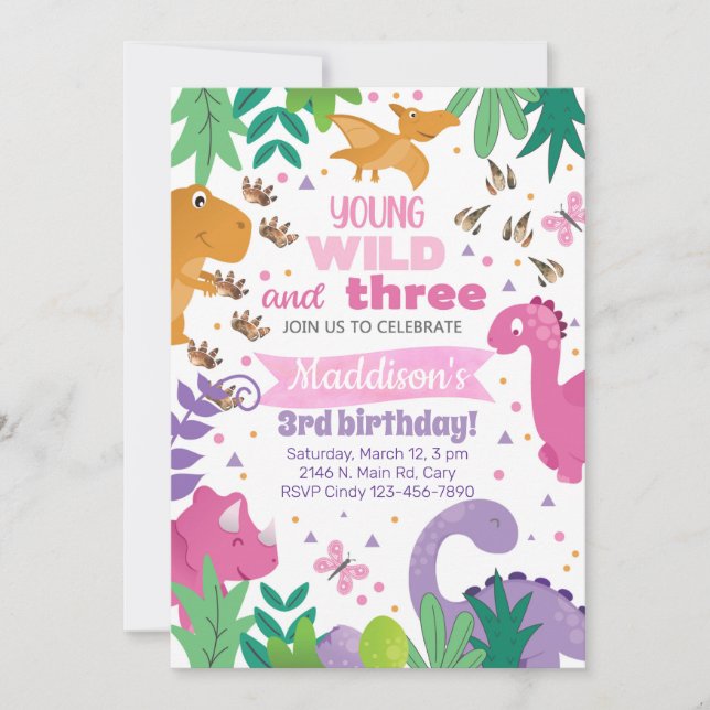 Invitación Dinosaurs girl birthday invitation dino Einladung (Vorderseite)