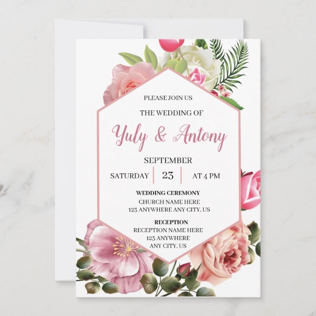 Invitación elegante de boda floral rosa con blanco einladung (Vorderseite)