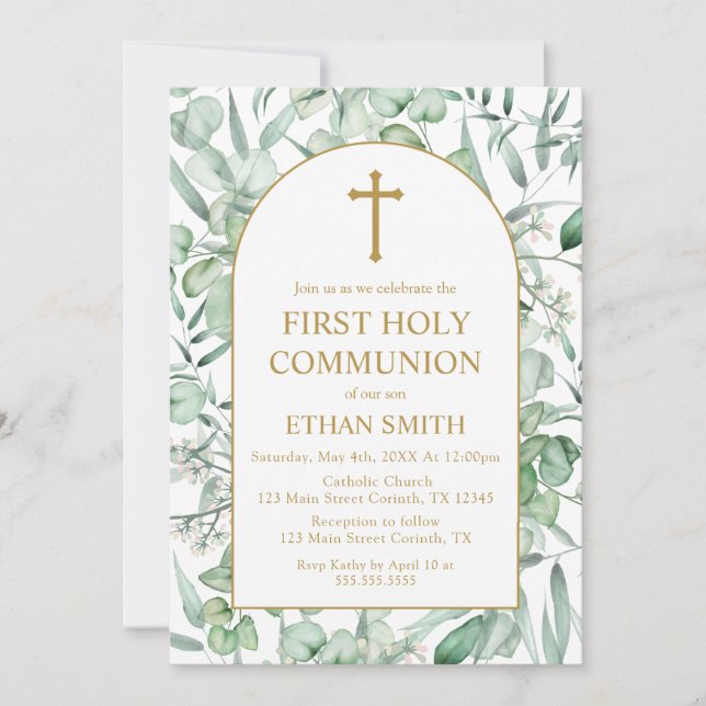 Invitación First Communion Eucalyptus leaves Einladung (Vorderseite)