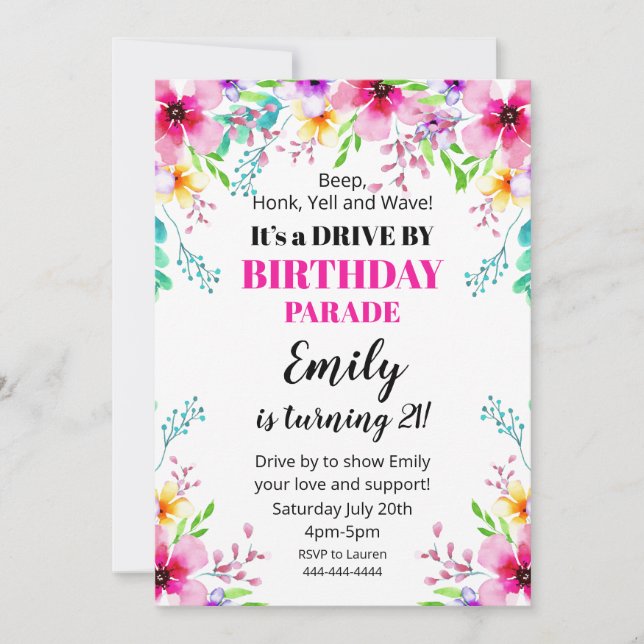 Invitación Floral Birthday Drive By Parade Invitat Einladung (Vorderseite)