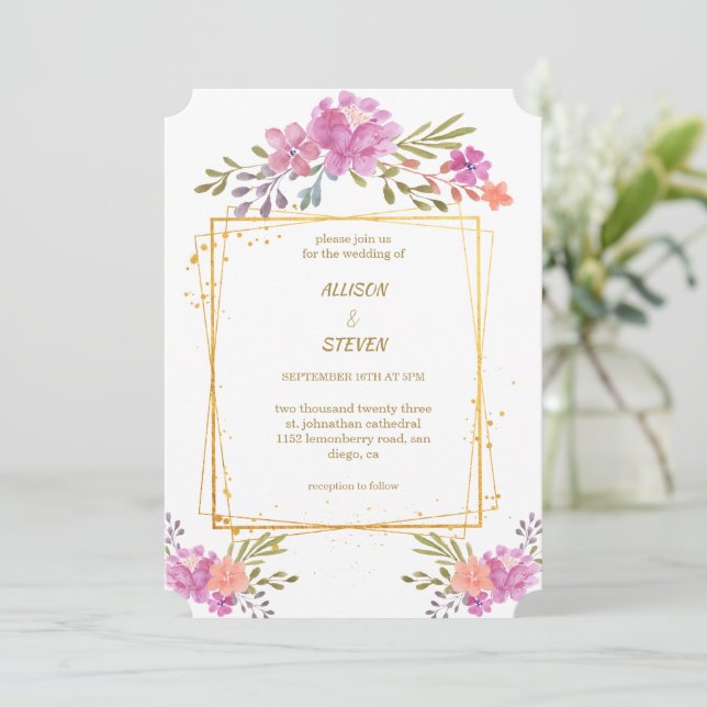 invitación Floral de Rosa con marco geométrico Einladung (Stehend Vorderseite)