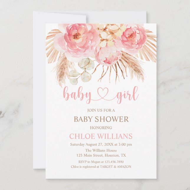 Invitación Floral pink Boho Pampas Baby Girl Invit Einladung (Vorderseite)
