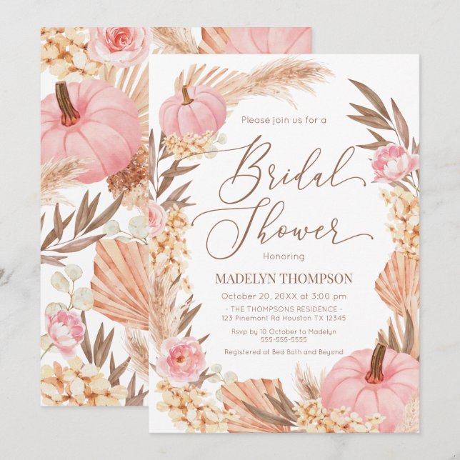 Invitación Floral Pink Pampas Grass Pumpkin Bridal Einladung (Vorne/Hinten)