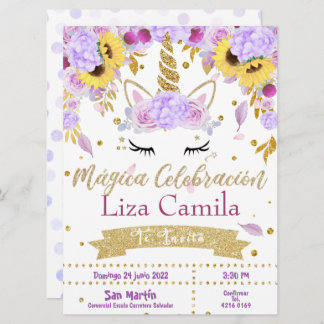 Invitación Lindo unicornio con flor lila y rosa Einladung
